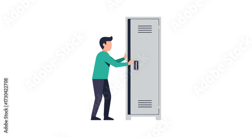Character opening a locker inside a building, illustration on a white background showcasing an individual