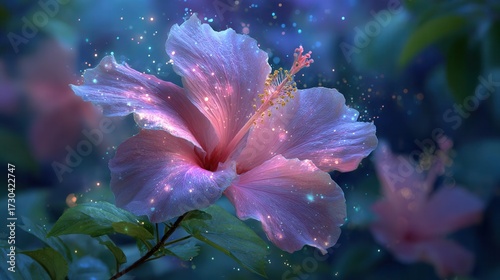 A magical hibiscus flower glows with a soft, pink light, surrounded by a mystical aura, creating a dreamlike, ethereal and enchanting botanical image.