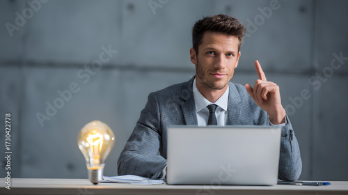 Thoughtful young business man in suit sitting at desk with laptop and light bulb in modern office setting