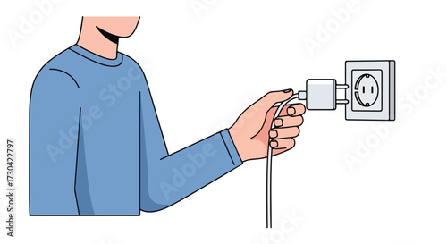Person inserting a charger into a power outlet, connecting a device for energy and electricity usage for home appliances and mobile needs
