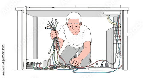Illustration depicting a man untangling a mess of electrical cables beneath a desk with computer hardware visible, emphasizing the task of