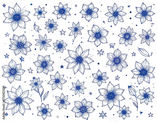 Floral design, blue ink on white