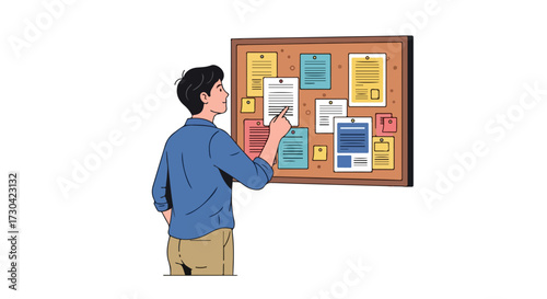 Man pointing at bulletin board filled with notices, reminders, and important papers and information displayed in a organized way
