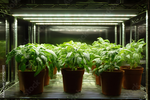 Potted Vegetables Grow Under LED Lights on Rack for Indoor Gardening Success and Healthy Plant Growth