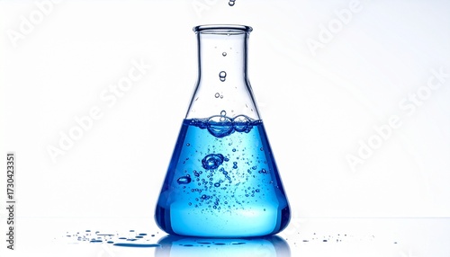 A glass Erlenmeyer flask—blue liquid bubbling, droplet mid-air, splashes at base—set against white. A metaphor for reaction and the choreography of inquiry through suspended transformation.
