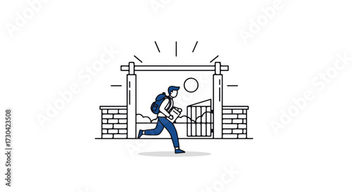 A student rushes through a traditional gate with books and a backpack towards the rising sun in a minimalist line art style