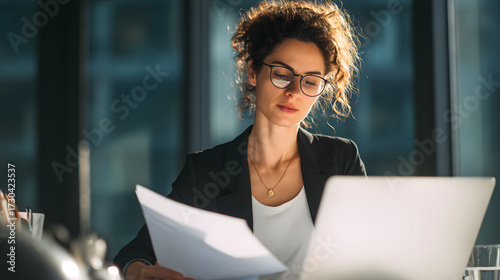 Professional Businesswoman Reviewing Documents on Laptop in Modern Office Environment