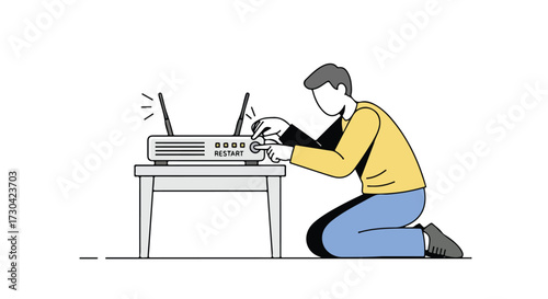 Illustration of a Person Troubleshooting Wi-Fi Router Connectivity Issues with Power Reset Process on Table