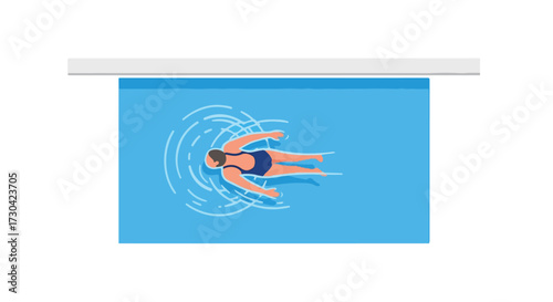 Overhead view of a person swimming in a blue rectangular pool creating ripples illustration