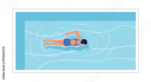 An overhead view depicting a swimmer navigating a tranquil, light blue pool with elegant strokes, creating subtle ripples in the calm water