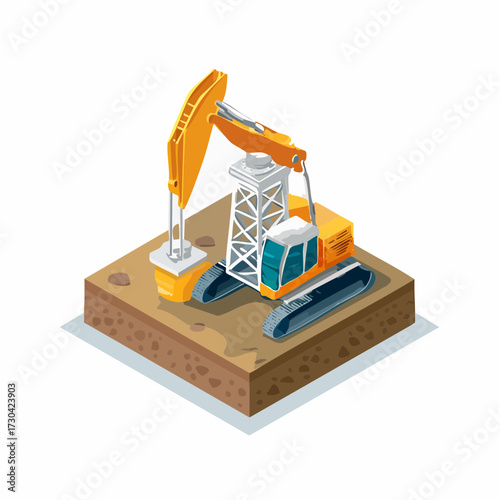 Isometric illustration of a yellow crawler excavator digging into a patch of earth for a construction or mining project