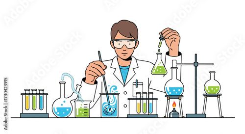 Illustrative depiction of a scientist conducting a laboratory experiment involving various beakers and flasks
