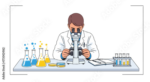 Illustration of a Scientist Examining Samples with a Microscope in a Laboratory Setting with Scientific Equipment