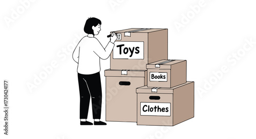 Person thoughtfully organizing and labeling moving boxes filled with household belongings ahead of relocation process