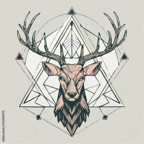 Geometric Deer Head Illustration with Abstract Tribal Patterns and Symmetry