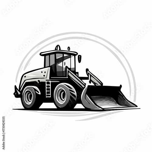 Stylized illustration of a robust front-end loader, representing heavy construction equipment for earthmoving, digging, and material handling on industrial job sites