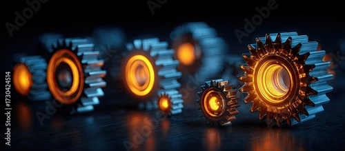Industrial gears in a row with warm inner lighting technology concept