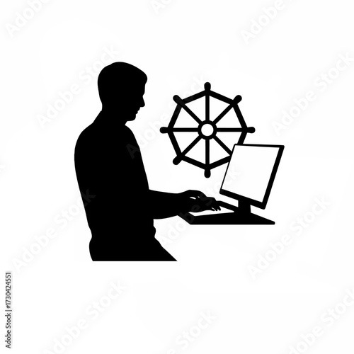 Silhouette of administrator configuring kubernetes cluster isolated on white background