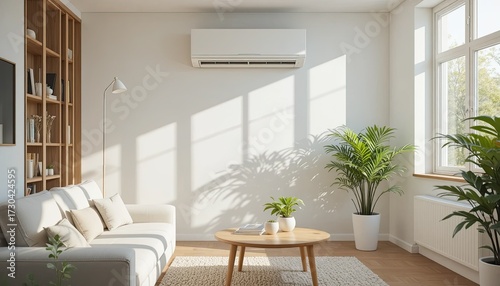 A white split system air conditioner installed in a light-filled living room with a minimalist sofa, wooden table, and plants offers a pleasant, cozy climate control concept.