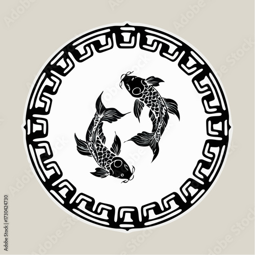 Elegant Koi Fish Design A Symbol of Harmony in a Decorative Round Frame