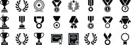 Award icons set with trophy, medal, ribbon, certificate, laurel wreath — black and white vector symbols for achievement design