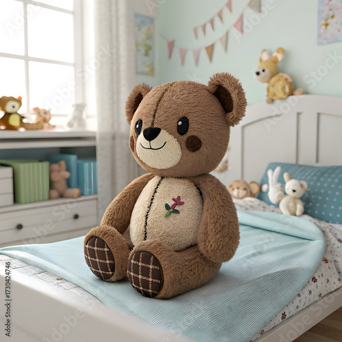 A classic brown teddy bear sits gently on a child bed, evoking warmth, comfort
