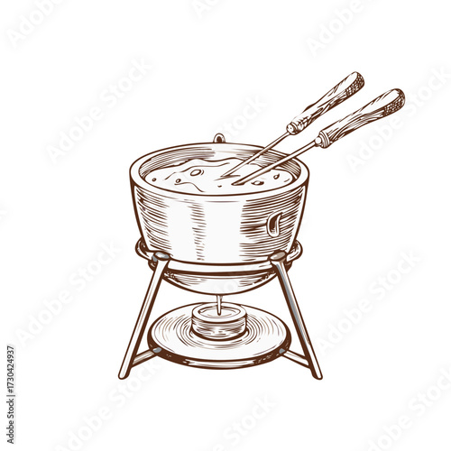 Hand drawn illustration of a cheese fondue pot with cooking forks and a burner