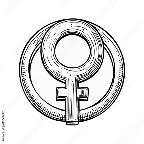 Engraved Venus symbol representing women and feminism within a decorative circle