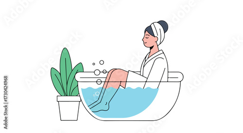 Elegant woman relaxes in bubble bath, promoting self-care and relaxation with plant decor adding peaceful ambiance and serenity in a tranquil setting