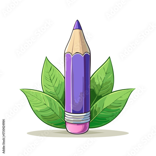 Vibrant purple colored pencil with pink eraser standing upright surrounded by green leaves