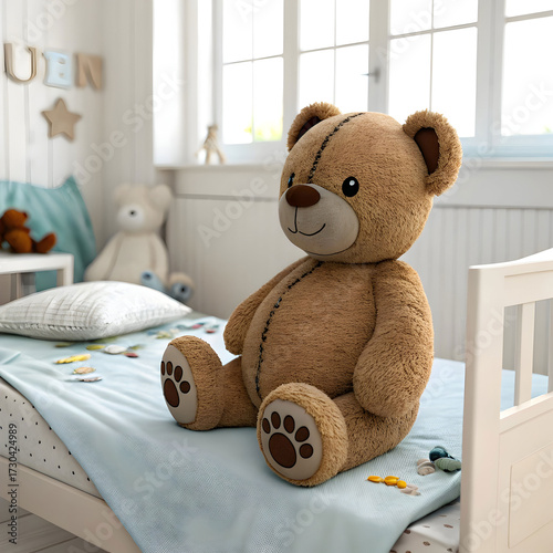 A classic brown teddy bear sits gently on a child bed, evoking warmth, comfort
