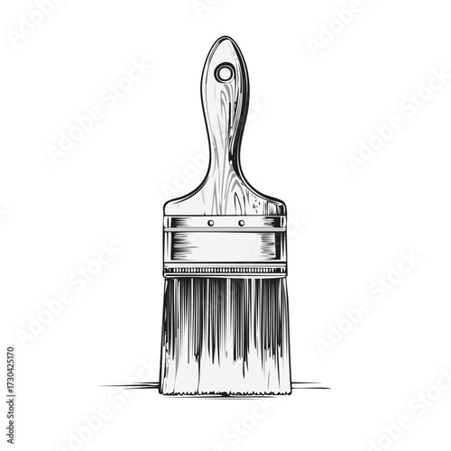 Vintage paint brush illustration in a monochrome hand drawn sketch style with a wooden handle
