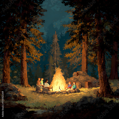 Retro Pixel Art Campfire Scene with Friends Enjoying Nature in a Forest Setting