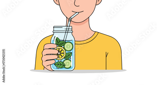 Hydrated and healthy: Young man enjoys refreshing citrus and cucumber infused water drink to maintain well-being