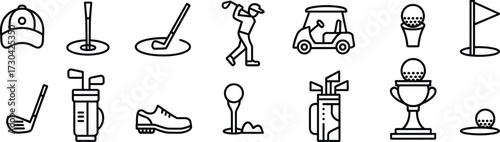 Black and White Golf Icons Set Featuring Equipment, Players, Trophy, Cart, Clubs, Ball, Tee, Bag, Swing, and Hole