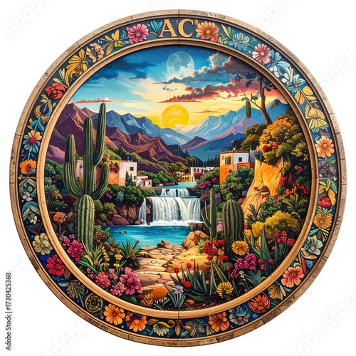 Vibrant Circular Artwork: Desert Oasis with Waterfalls, Cacti, Mountains, Sun and Moon, framed by Colorful Floral Motifs
