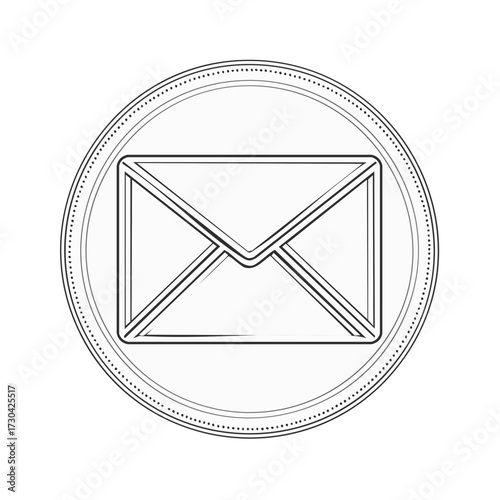 Black and white outline of a closed envelope inside a dotted circular border for communication and mail services