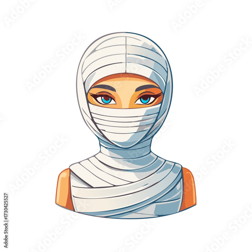 Woman with blue eyes wrapped in white mummy bandages looking forward