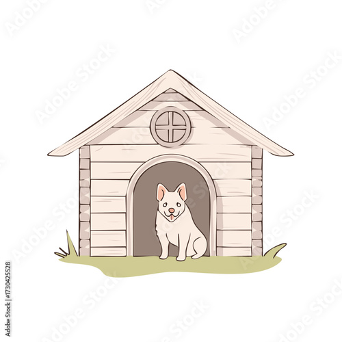 Adorable Dog Sitting in Wooden Doghouse on Green Lawn Hand Drawn Animal Portrait Style Illustration