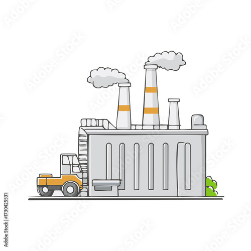Cartoon industrial factory building with smoking chimneys and a yellow forklift truck vector