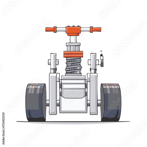 Modern abstract mechanical device with large wheels and central spring system