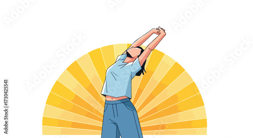 Animated woman stretching against a radiant yellow backdrop, symbolizing energy and vitality, an illustration for wellness and relaxation, conveying