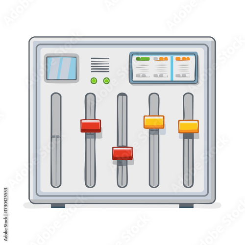 Digital audio mixer control panel with faders and display for music production and studio recording