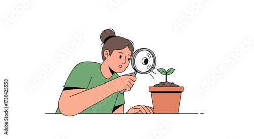 A focused woman intently studies a young seedling in a terracotta pot using a magnifying glass, showing a keen interest in botanical details and