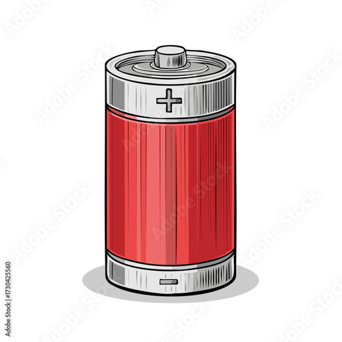Red Cylindrical Battery with Positive and Negative Terminals Drawing