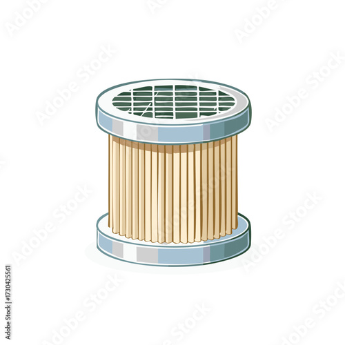 Fuel filter component with cylindrical filtration material in illustration style