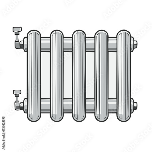 Classic metallic radiator with pipes and valves for heating a room, drawing
