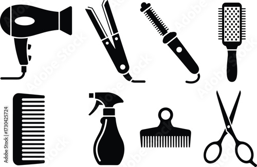 Black Silhouette Hair Styling Tools Vector Set Including Dryer, Straightener, Comb, Brush, Scissors, Spray Bottle for Salon Design