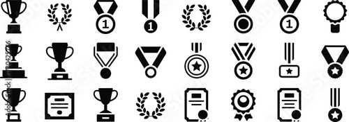 Black and White Vector Icons of Awards, Trophies, Medals, Certificates, Laurel Wreaths, Ribbons, Badges for Achievement and Recognition Design