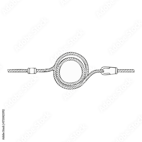 Detailed illustration of coiled wire rope or cable with secure looped ends and metal fittings